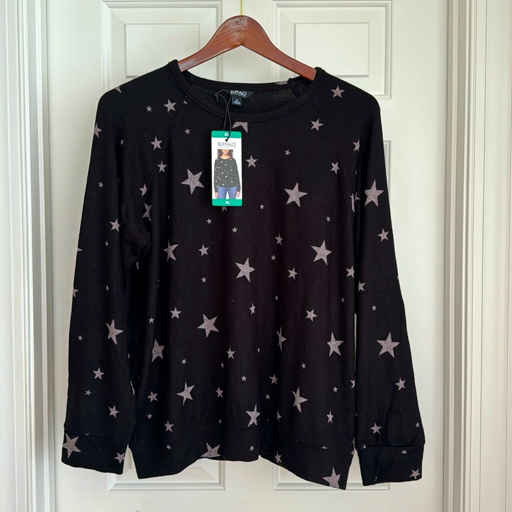 Buffalo David Bitton Top Size XL Black Gray Stars Long Sleeves Soft Comfy NWT